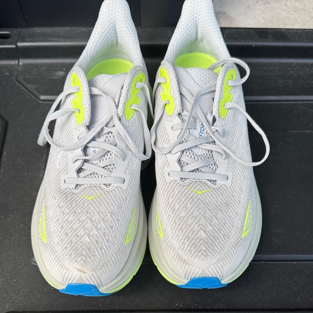 Hoka Clifton 9 Gray and Neon Green Running Shoes
